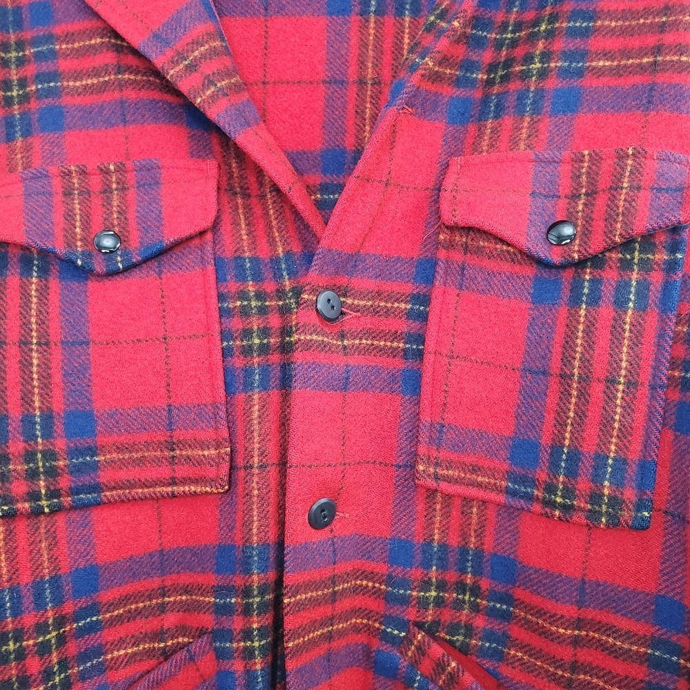 Vintage 60s Pendleton Wool Jacket Red Plaid Coat Flannel Button Up Unisex - Picture 3 of 5